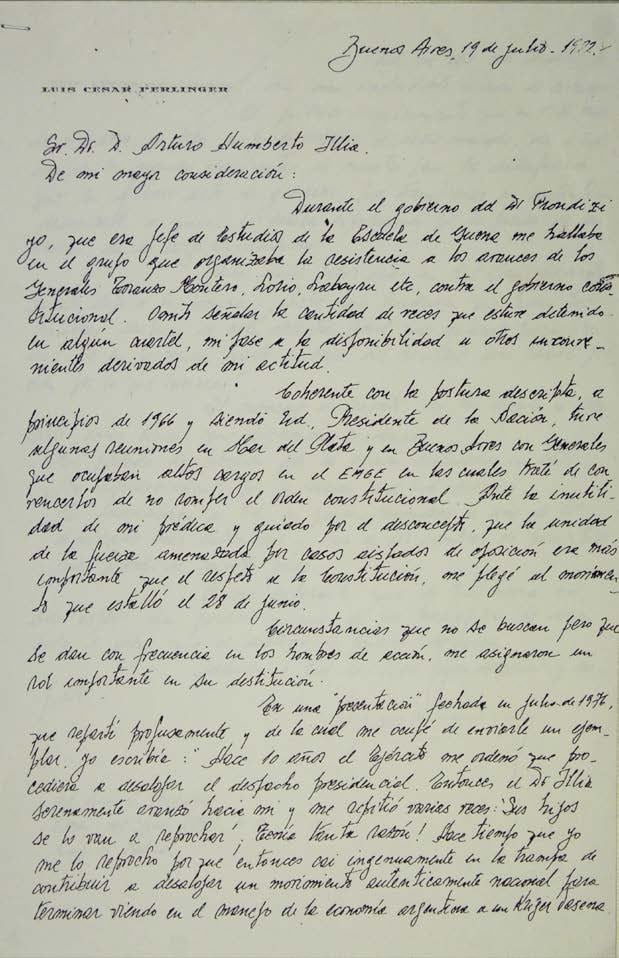 Carta que el coronel Perlinger le envió a Illia en 1982, arrepentido de haberlo derrocado