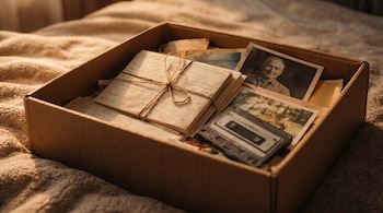 Una caja de cartón abierta sobre una manta texturizada contiene un fajo de cartas atadas, fotografías antiguas y una cinta de casete, bajo una luz cálida.