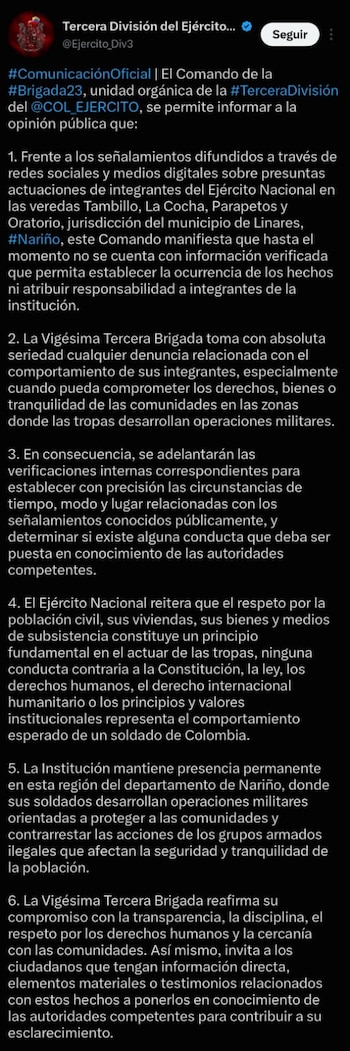 El Comando de la Vigésima Tercera Brigada inició una revisión preliminar para esclarecer los señalamientos - crédito @Ejercito_Div3 / X