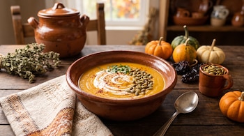 Un cuenco de barro con sopa naranja decorada con semillas y crema sobre una mesa de madera con cuchara, calabazas y una taza de barro.