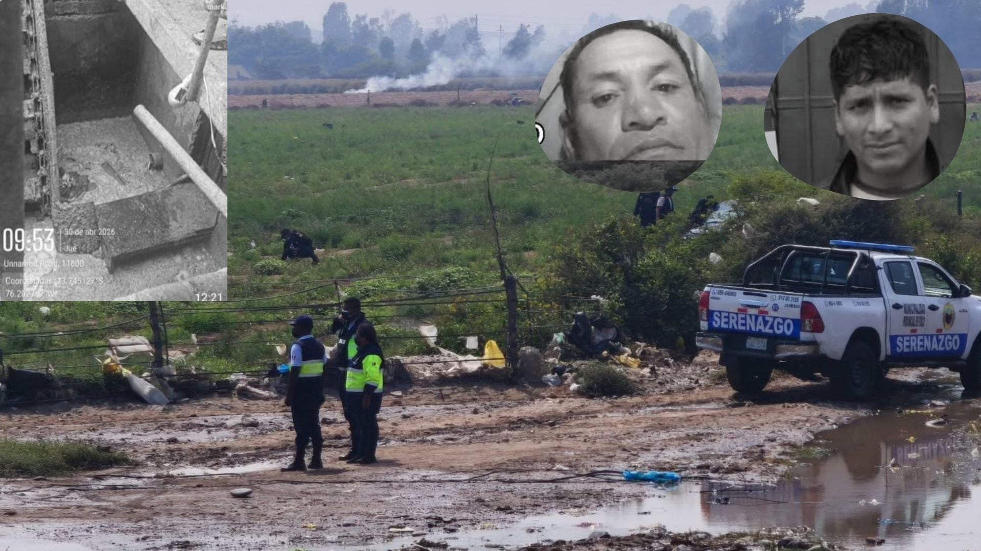 Agentes policiales y de serenazgo inspeccionan la escena donde dos hombres perdieron la vida en una fábrica clandestina de harina de pescado en Pisco, Perú, con insertos de las víctimas y un pozo de la instalación. (Pisco TV)