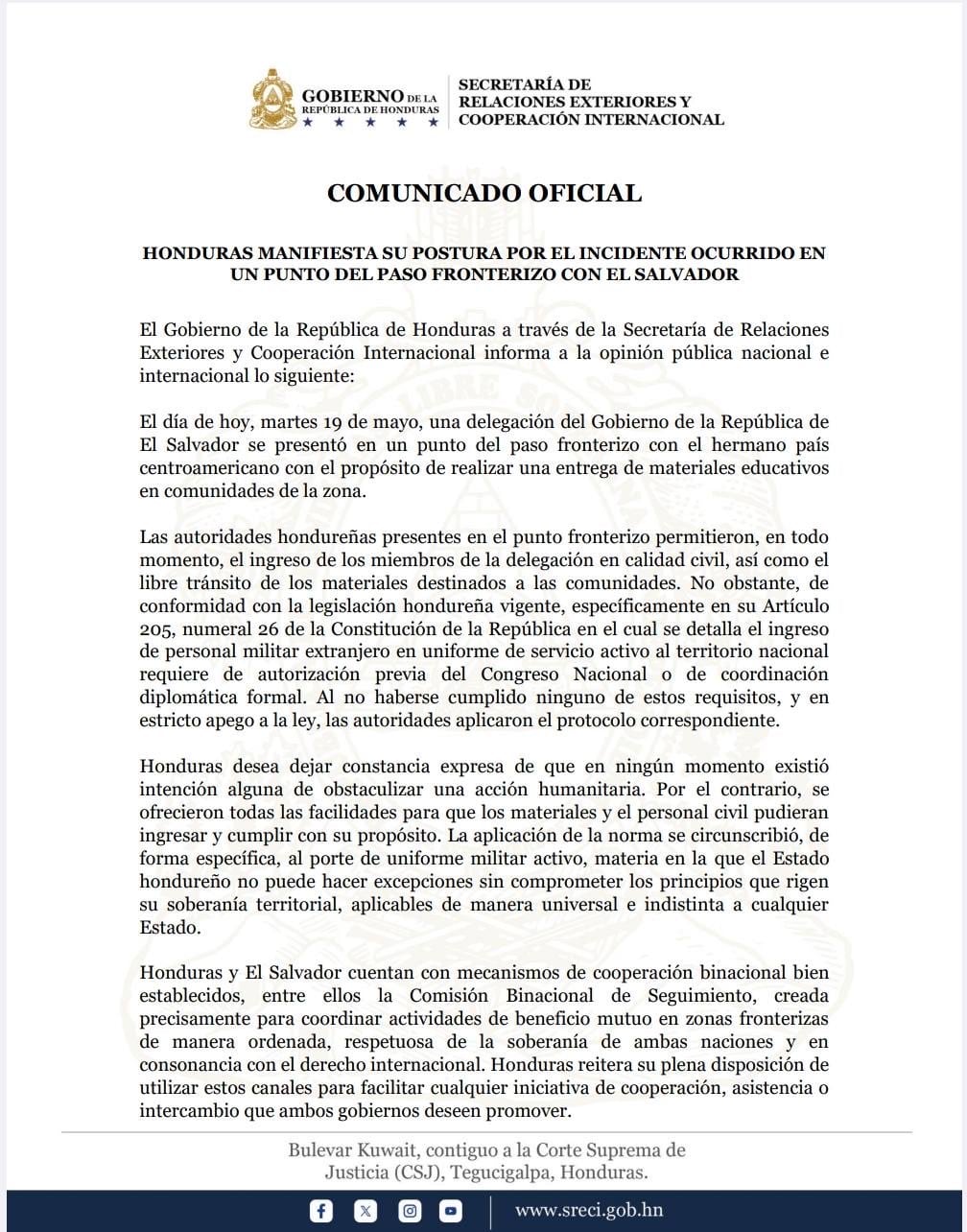 La Cancillería hondureña emitió un comunicado oficial tras el incidente registrado en un punto fronterizo con El Salvador. (FOTO: X / Cancillería Honduras)