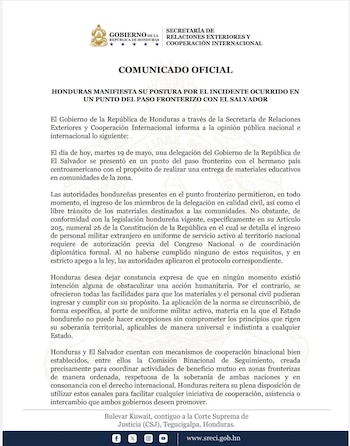 La Cancillería hondureña emitió un comunicado oficial tras el incidente registrado en un punto fronterizo con El Salvador. (FOTO: X / Cancillería Honduras)