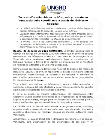 La Ungrd reiteró que cualquier misión colombiana de búsqueda y rescate hacia Venezuela debe coordinarse exclusivamente a través del Gobierno nacional y los canales diplomáticos oficiales - crédito Ungrd