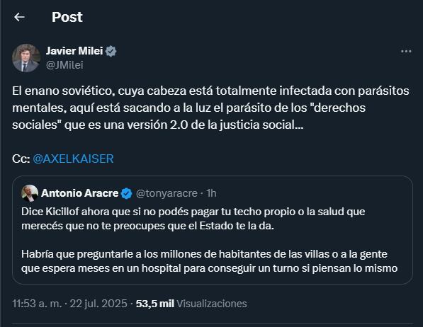 Milei le contestó por X al discurso de Kicillof