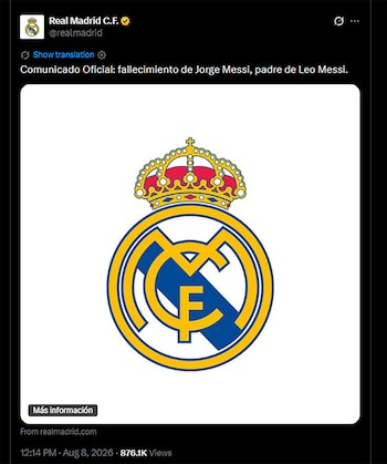 Captura de pantalla de un tuit del Real Madrid C.F. con el escudo del club, que anuncia el fallecimiento de Jorge Messi, padre de Leo Messi