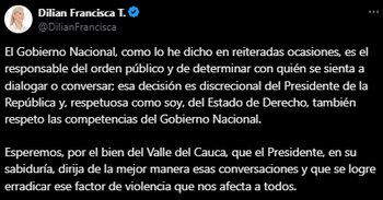 Gobernadora del Valle se refirió a las conversaciones entre Gobierno nacional y La Inmaculada - crédito @DilianFrancisca/X