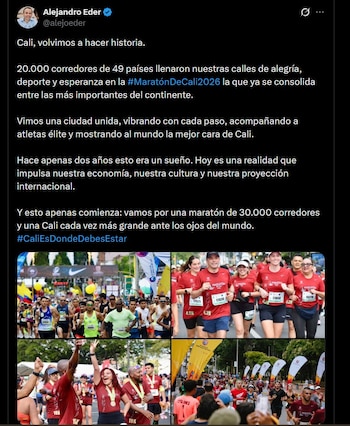 La Maratón de Cali generó impacto económico, cultural y social, mientras el alcalde Alejandro Eder anunció que proyectan hasta 30.000 atletas para la próxima edición - crédito @alejoeder / X