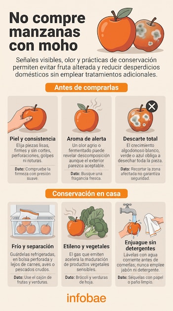 Infografía con ilustraciones de manzanas en procesos de inspección, guardado en un cajón de refrigerador y lavado bajo el agua.