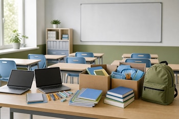 Mesa con dos computadoras portátiles, cuadernos, libros, lápices y cajas con suministros en un aula vacía con pizarra blanca.