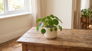 Una planta verde de hojas redondas en una maceta blanca sobre una mesa de madera, frente a una ventana con cortinas claras.