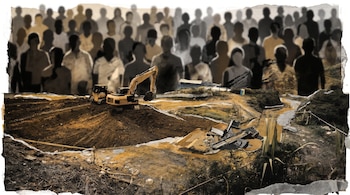 Siluetas difuminadas de personas sobre un paisaje con montículos de tierra, una excavadora, maquinaria pesada y escombros. Estilo collage en sepia y ocre.