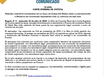 La Corte Suprema de Justicia de Colombia dio este miércoles 22 de julio de 2026 vía libre, por tercera vez, a la extradición a Francia del ciudadano Karim El Mehdi Ben Addi, al que la Sala de Casación Penal señaló como integrante de “una organización ilegal asociada a actos de sicariato” en ese país - crédito Corte Suprema de Justicia