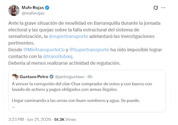 La ministra de Transporte, María Fernanda Rojas, aseguró que el Ministerio y la Superintendencia no lograron establecer contacto con la Secretaría de Transporte de Barranquilla mientras se reportaban las afectaciones viales - crédito @maferojas/X
