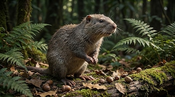 Un roedor de color marrón grisáceo se para sobre un tronco cubierto de musgo, rodeado de bellotas y hojas secas, con helechos al fondo.