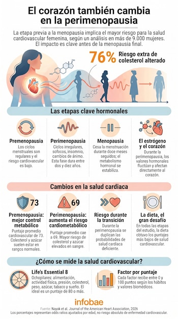 Infografía médica: mujer, corazón, estrógeno. Muestra etapas de perimenopausia y riesgos cardiovasculares, con estadísticas de colesterol. Texto en español.