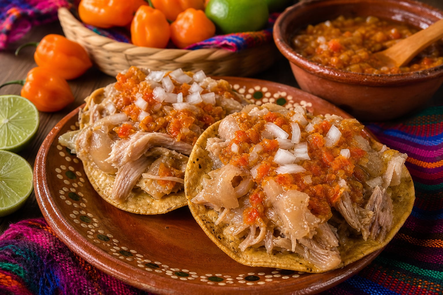 Dos tostadas de pata preparadas con cebolla picada y salsa de chile habanero se sirven en un plato de barro tradicional mexicano. (Imagen Ilustrativa Infobae)