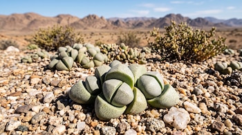 Plantas carnosas redondeadas de color verde con motas sobre un suelo de grava y piedras con montañas lejanas al fondo.