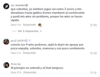 Captura de pantalla de tres comentarios en una plataforma de red social, con texto en español criticando una actitud. Se observan nombres de usuario y recuentos de "me gusta" en la pantalla blanca