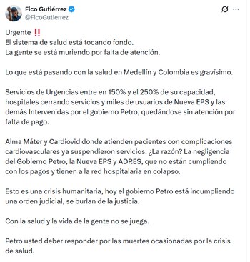 Federico Gutiérrez acusó al Gobierno Petro, la Nueva EPS y la Adres de negligencia que habría causado la suspensión de servicios en hospitales de Medellín - crédito Federico Gutierrez/X