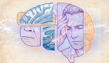 Ilustración: hombre tocándose la sien, cerebro superpuesto, cortes anatómicos del cerebro y boca de anciano. Fondo con patrones de circuitos
