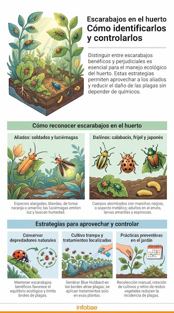 Infografía con título y secciones sobre escarabajos aliados, dañinos y estrategias de control; muestra diversos insectos, plantas, un huerto y acciones de jardinería.
