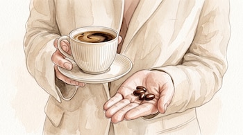 Ilustración en acuarela de una persona con saco beige sosteniendo una taza de café en plato y tres granos de café en las manos.