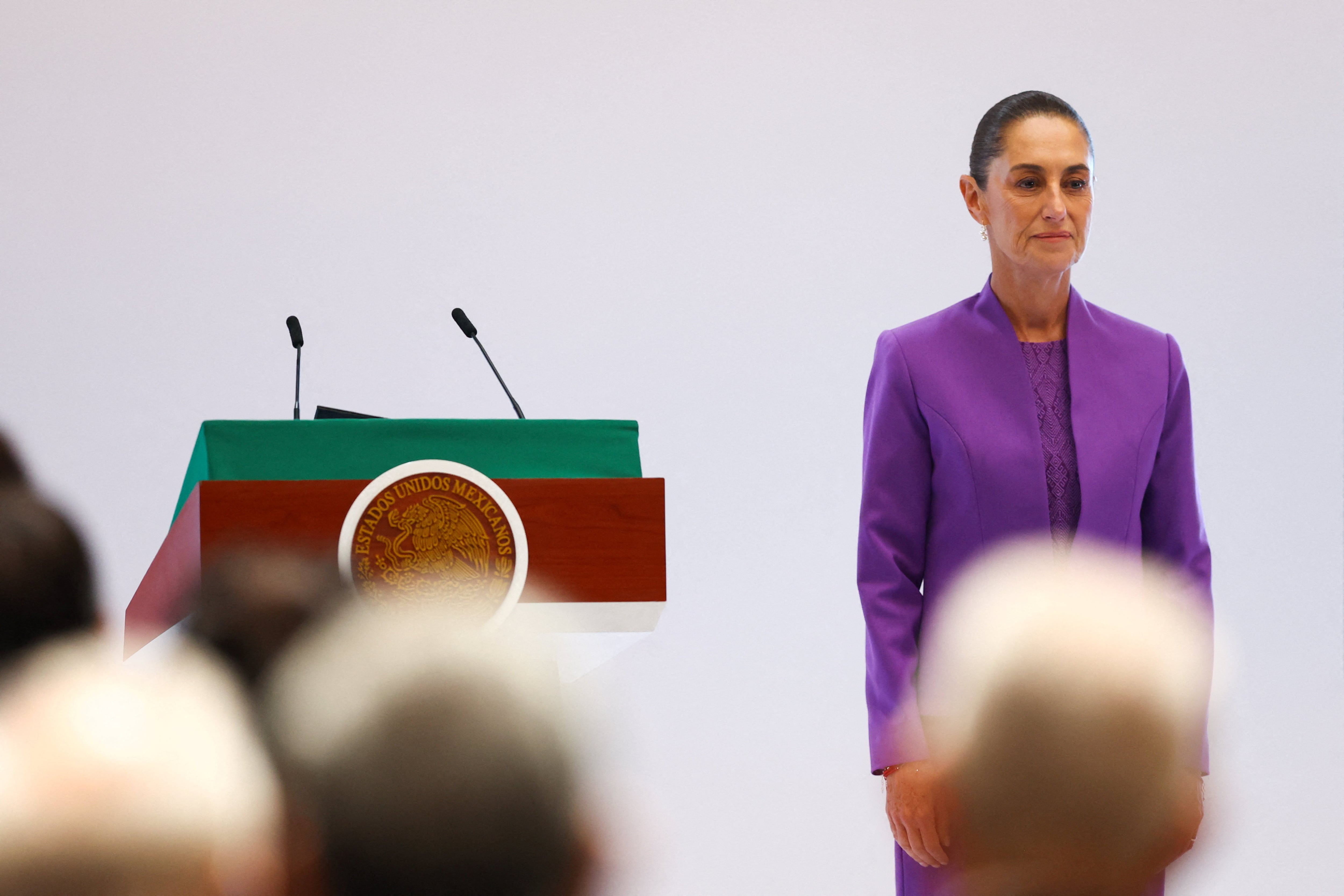 Mexico's President Claudia Sheinbaum stands on stage on the day she delivers a speech marking her second year in office, in Mexico City, Mexico, September 1, 2026. REUTERS/Daniel Becerril