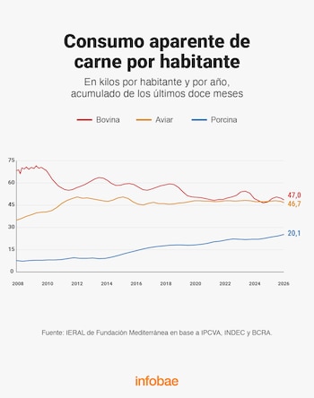 Gráfico de líneas que compara el consumo anual por habitante de carne bovina, aviar y porcina entre 2008 y 2026