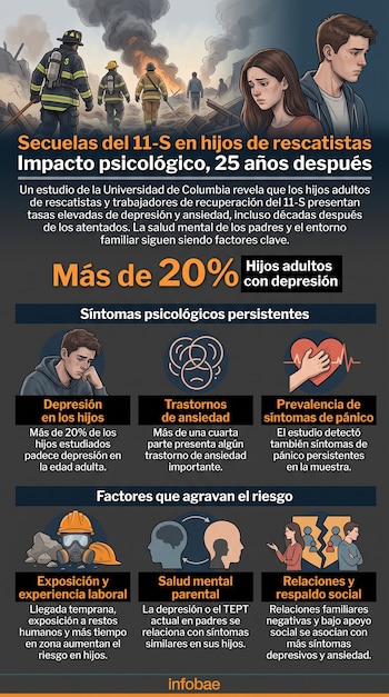Infografía con ilustraciones de bomberos en los escombros del 11-S, rostros de jóvenes y gráficos con datos estadísticos.