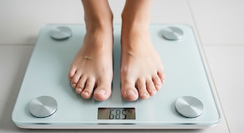 Primer plano de los pies descalzos de una persona adulta sobre una balanza digital blanca, que muestra en su pantalla el número '68.5 kg'.