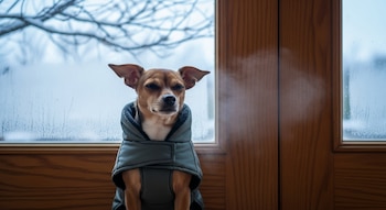 Un perro pequeño de pelo corto, con un abrigo gris, sentado frente a una puerta de madera. Detrás hay una ventana con gotas y ramas de árbol cubiertas de nieve.