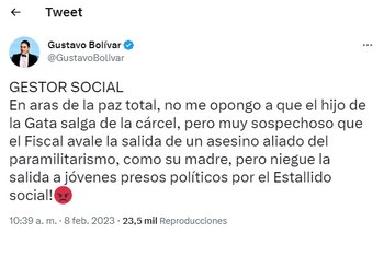Tuit Gustavo Bolívar sobre la liberación del hijo de "La Gata"