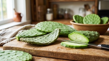 Pencas de nopal verdes, una cortada con un cuchillo al lado, sobre una tabla de madera junto a un recipiente de barro en una cocina.