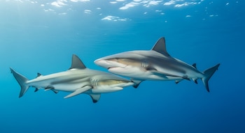 Dos tiburones de cuerpo fusiforme color gris plomo y vientre blanco nadan en aguas azules. Rayos de sol se filtran desde la superficie del océano.