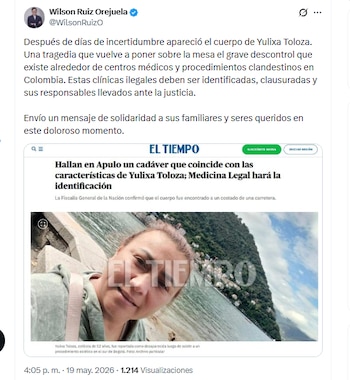 El exministro Wilson Ruiz Orejuela se pronunció tras el hallazgo del cuerpo de Yulixa Toloza - crédito @WilsonRuizO/X
