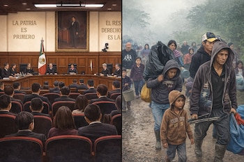 Imagen dividida: a la izquierda, una sala de tribunal con jueces y público; a la derecha, un grupo de personas, incluidos niños, caminando por un sendero.