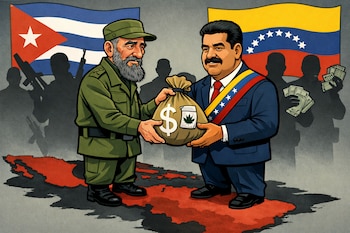 Fidel Castro, Nicolás Maduro, mapa de América Latina. Bandera de Cuba, bandera de Venezuela. Bolsa con dólar y hoja de cannabis. Siluetas armadas y billetes.