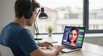Joven con audífonos azules sentado en una oficina moderna con una laptop, mostrando un chatbot de una mujer sonriente con burbujas de texto en pantalla.