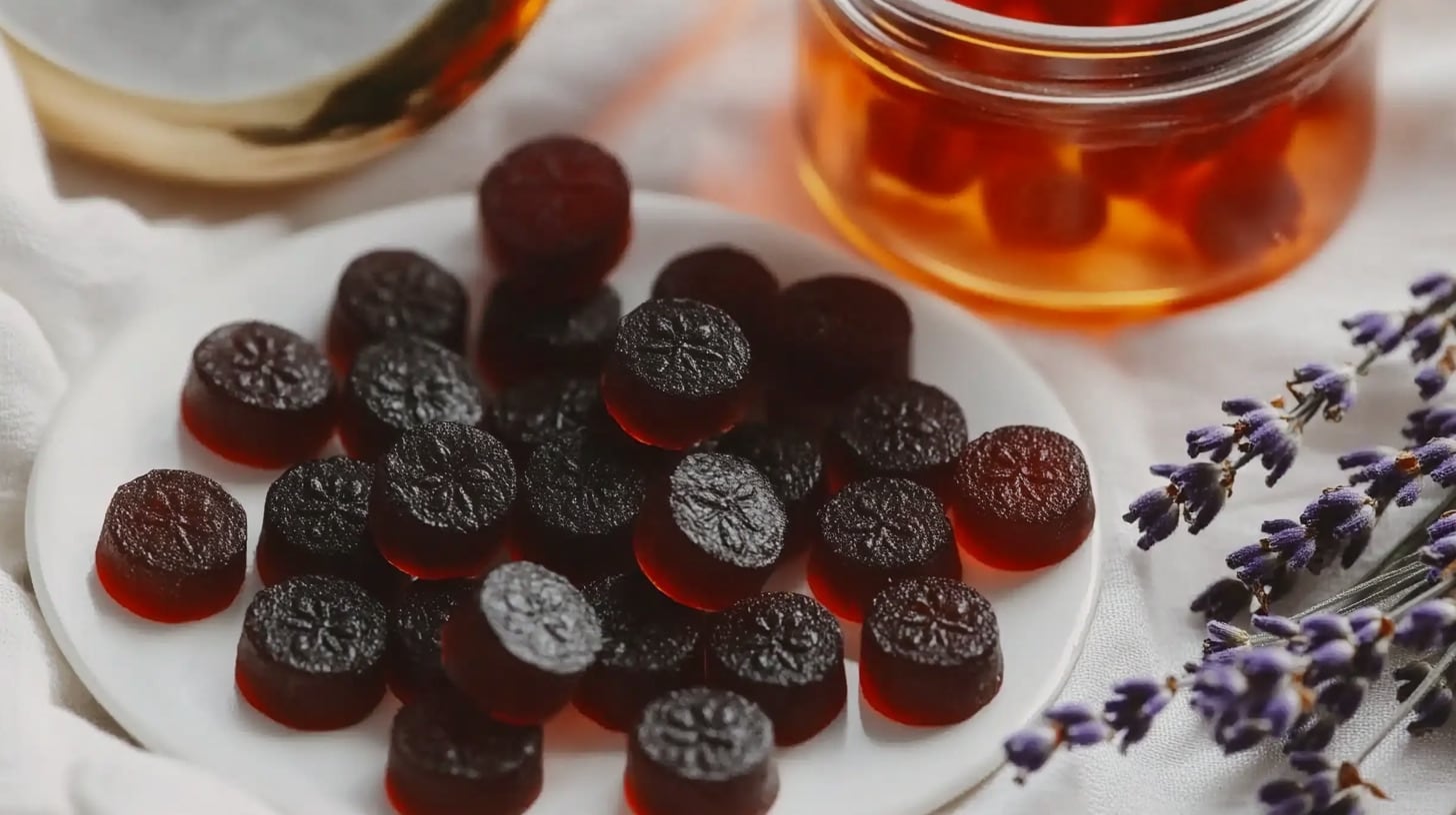 Gomitas de melatonina con forma de ositos, en tonos morados y azules, sobre una superficie de madera junto a una taza de té y una almohada. – (Imagen Ilustrativa Infobae)