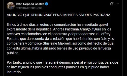 Cepeda solicita que la Fiscalía investigue el presunto uso indebido de bienes de la fuerza pública por parte de Pastrana - crédito @IvanCepedaCast / X