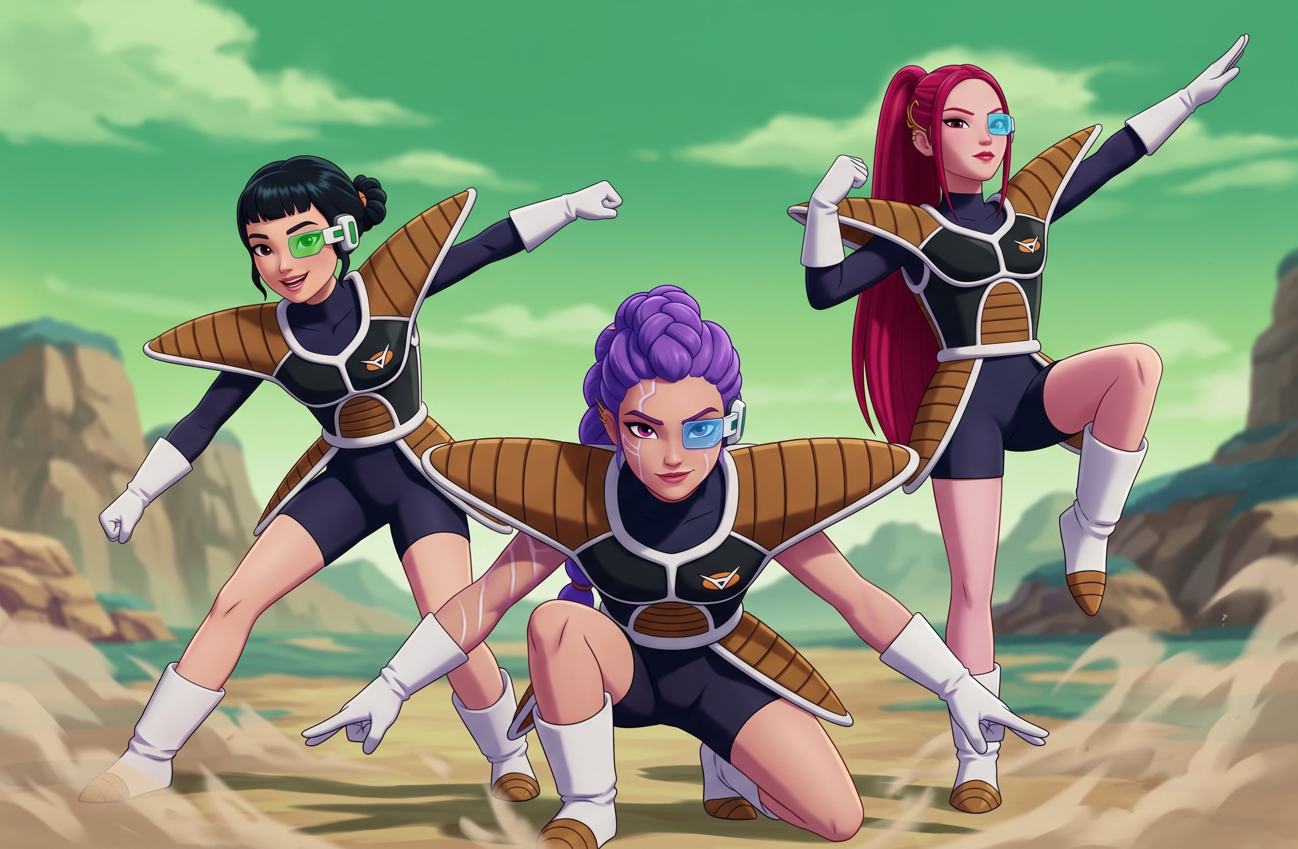 Las Guerreras K-pop posan caracterizadas con armaduras de la fuerza de Freezer y rastreadores en un paisaje inspirado en la serie Dragon Ball Z. (Foto: Gemini)