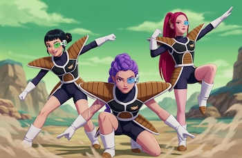 Tres personajes femeninos de estilo animación posan con armaduras de combate, visores en los ojos y guantes blancos en un paisaje rocoso