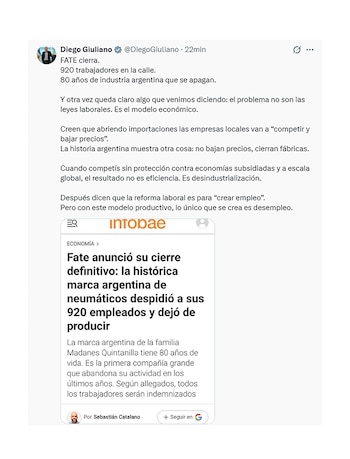 Tuit de Diego Giuliano por el conflicto en FATE