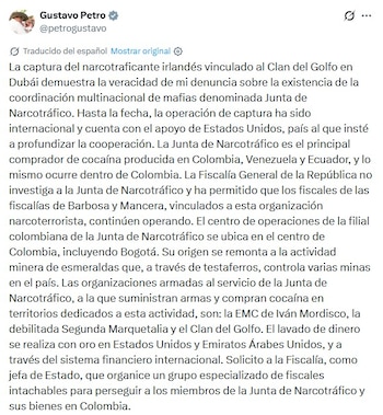 El presidente de Colombia Gustavo Petro sobre la captura del Irlandes Daniel Kinahami- crédito captura de pantalla @petrogustavo / X