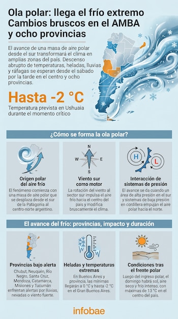 Infografía azul sobre ola polar en Argentina. Contiene mapa de provincias afectadas, gráficos del origen del aire frío, viento, sistemas de presión y temperaturas.
