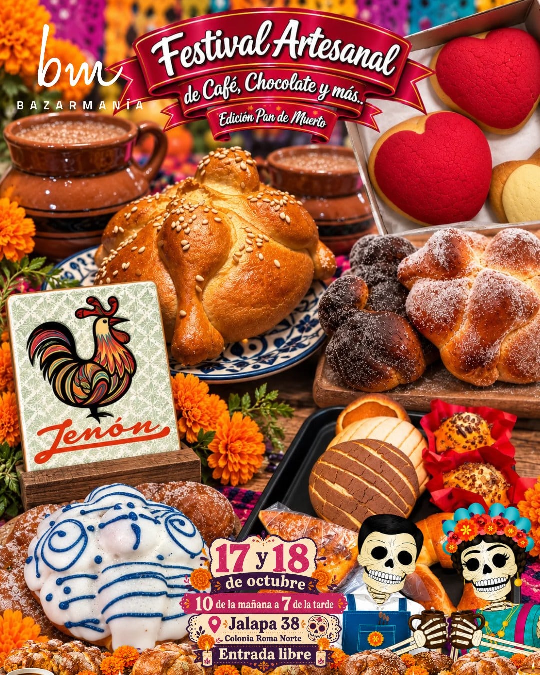 Un cartel promociona el Festival Artesanal de Café, Chocolate y Pan de Muerto para los días 17 y 18 de octubre en la Colonia Roma Norte. (Festival Artesanal del Café, Chocolate y Más (Redes sociales))