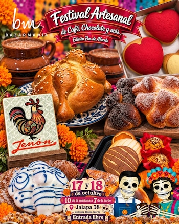 Variedades de pan de muerto, tazas de barro con bebida, flores de cempasúchil y texto informativo sobre un evento artesanal