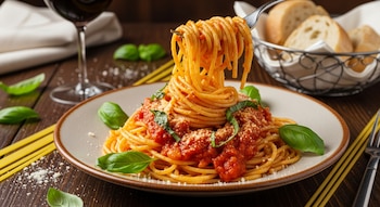 Primer plano de un plato de espaguetis con salsa roja, queso rallado y hojas de albahaca, mientras un tenedor levanta pasta. Al fondo, vino y pan.