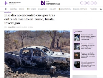 La imagen utilizada en las publicaciones falsas muestra en realidad una camioneta calcinada en el 2025 en Sinaloa. Crédito: Los Noticieristas